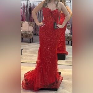 Sherri Hill Red Strapless Dress with Bow Detail